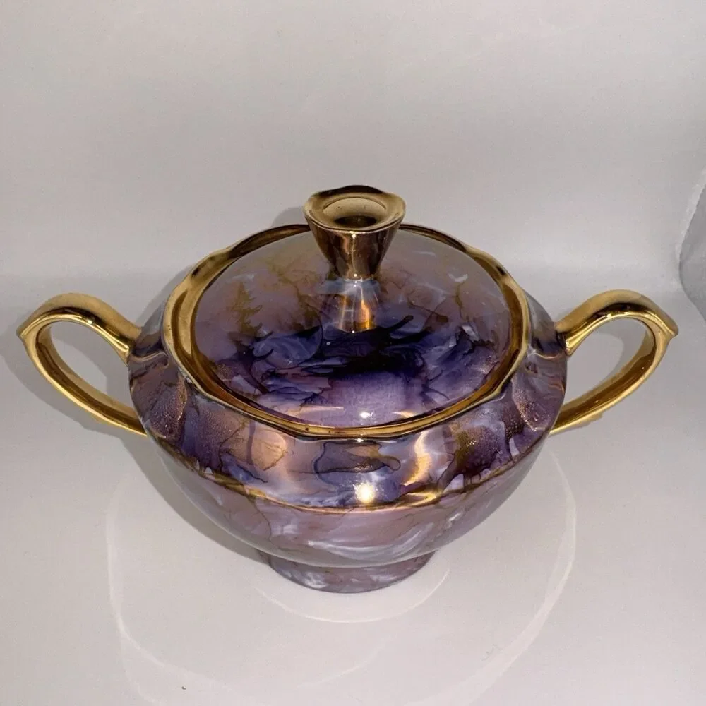Vintage Cmielow Poland Tea Set Teapot Creamer Sugar Bowl 2 Saucers Purple Gold